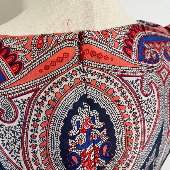 Nanette Lepore Silk Dress Blue Peach Red Sleeveless Asymmetrical V-Neck Sz 4 - Picture 3 of 11